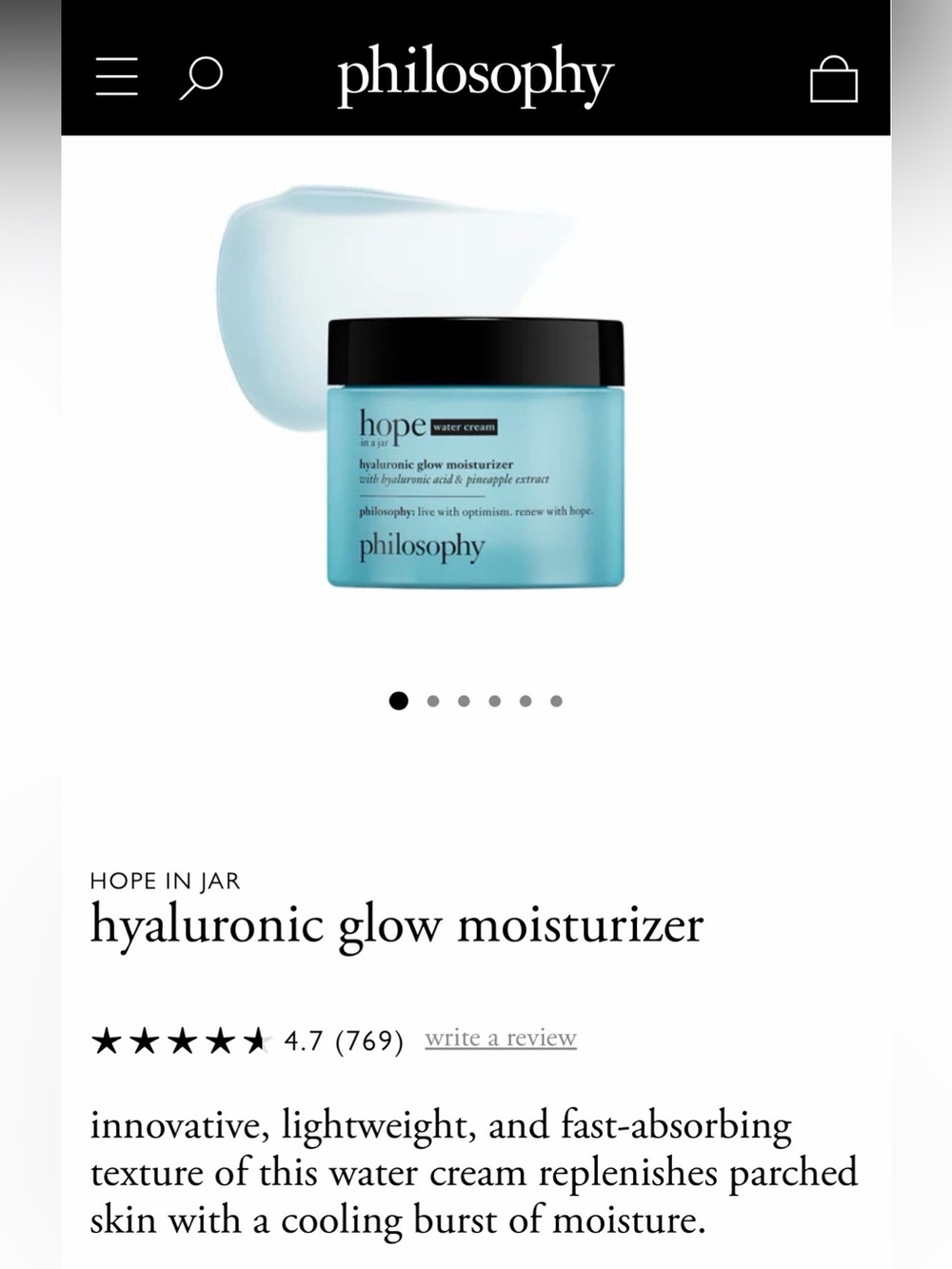 NEW Philosophy Hyaluronic Glow Moisturizer - Light Blue Jar